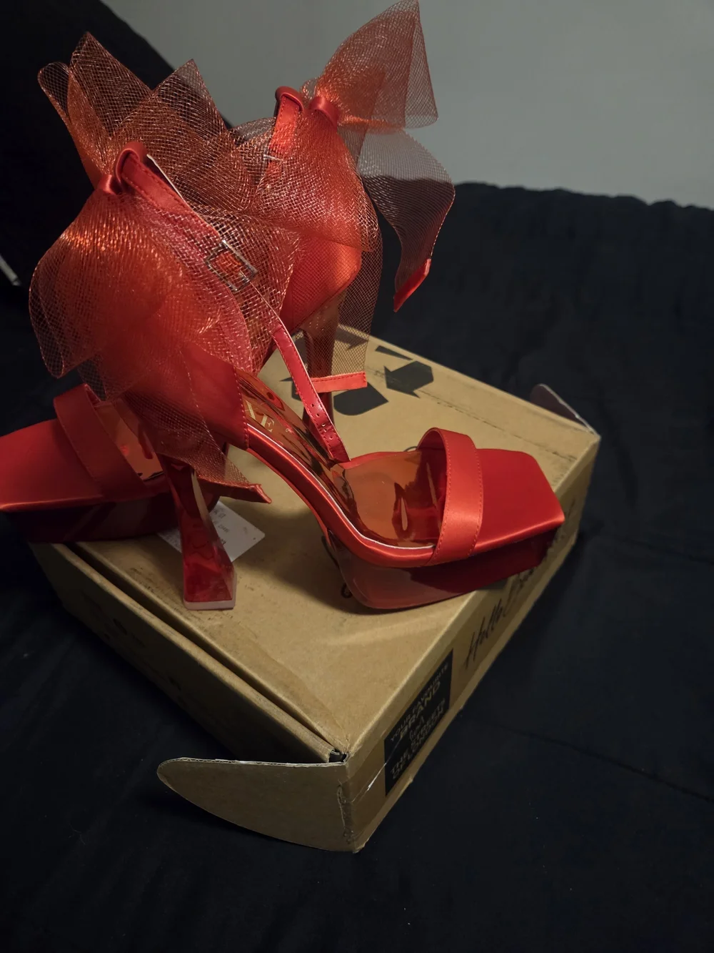 Red Platform Ankle-Strap Heels with Tulle Accent